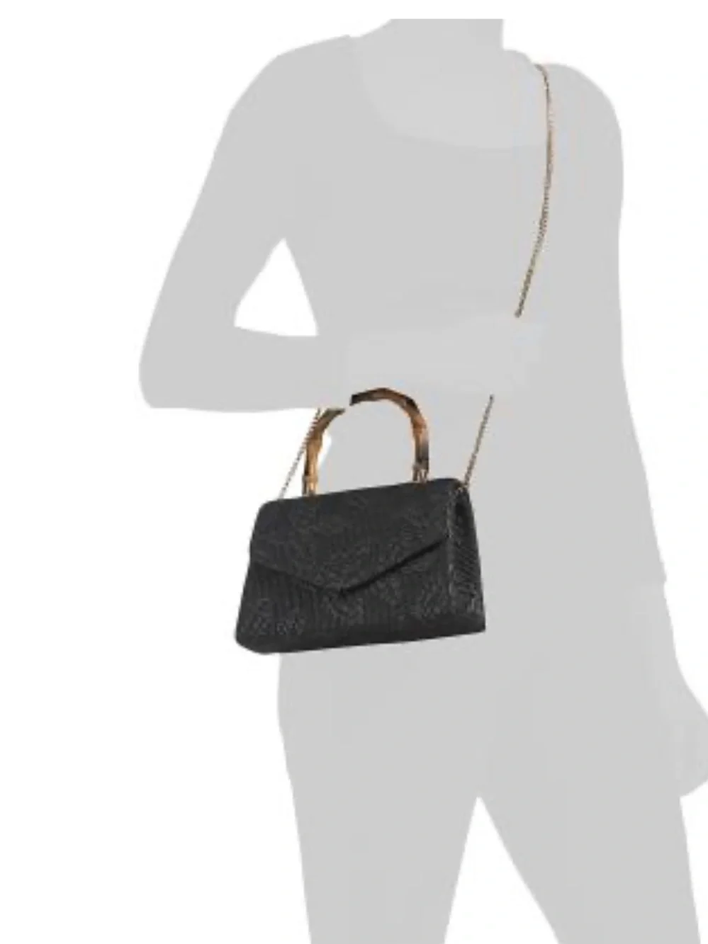 Woven Black Satchel with Bamboo-Style Top Handle and Gold Chain